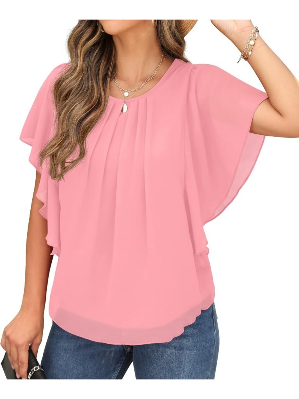 Women's Summer Casual Blouses Pink1 Loose Round Neck Chiffon Flowy Tops